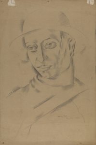 Study for the head of a soldier. The figure is wearing a helmet with a strap under the chin.