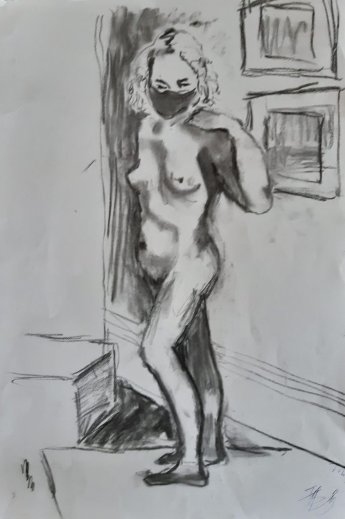 Standing female nude, only wearing a face mask. Behind and to the right of the figure are two framed artworks. At the bottom left is a plinth.