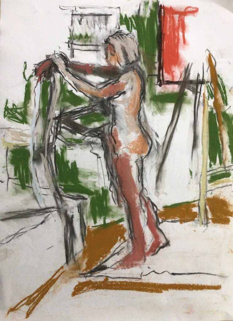 Profile of standing nude female with her hands resting on the top of the back of a chair, which is on a plinth. The figure is drawn in various shades of pink and beige and the background in white, green and red.