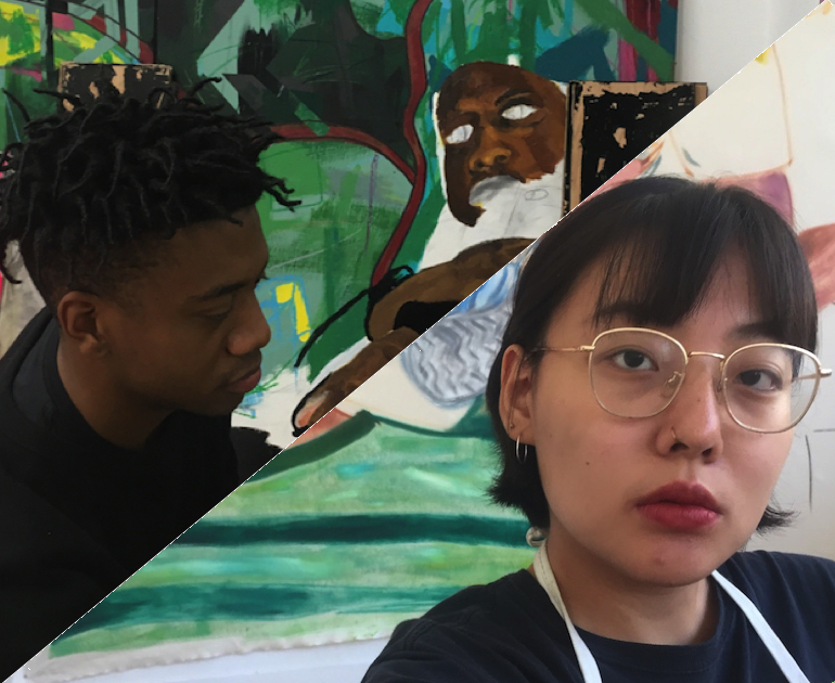 Split view of Jerome. focusing on his artwork and Sae Yeoun looking out towards the viewer