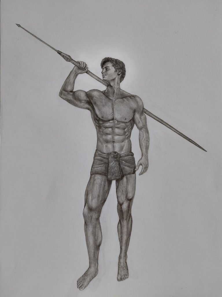Old Masters of the Future submission. A man wearing a loin cloth only and holding a long spear