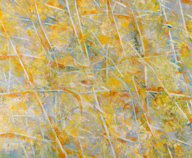 Closeup of L.1 (Mirage) by John Golding. Abstract painting in shades of yellow and blue.