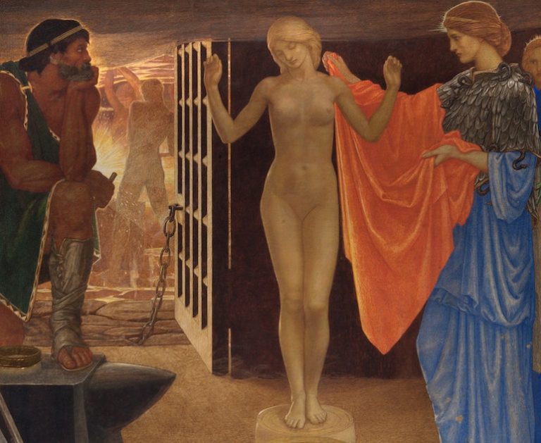 Closeup of Pandora by John Dickson Batten. The closeup has Pandora, as a nude statue, in the centre. Hephaestus, with his left elbow on a bent left knee, is on the left of the artwork and Athena holding an orange cloth is on the right.