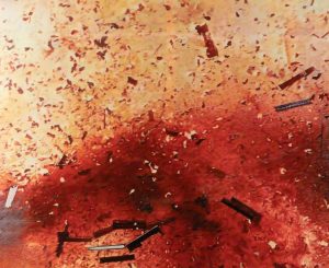 Hyper-realistic painting of an explosion with debris