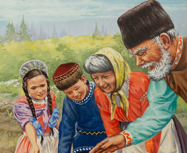 Closeup of an illustration from the Ladybird Book 'The Enormous Turnip'. There are four figures, a man with grey hair and a brown hat, a woman with grey hair and a yellow headscarf, a boy with a red hat and blue top, and a girl with two long dark plaits. All the figures are looking down towards the bottom left corner
