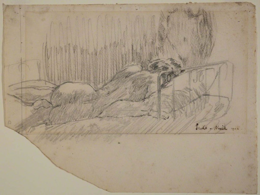 Reclining female nude with back to the viewer on a 'metal' bed stead. A second nude figure, visible from bust to hips, is in the background