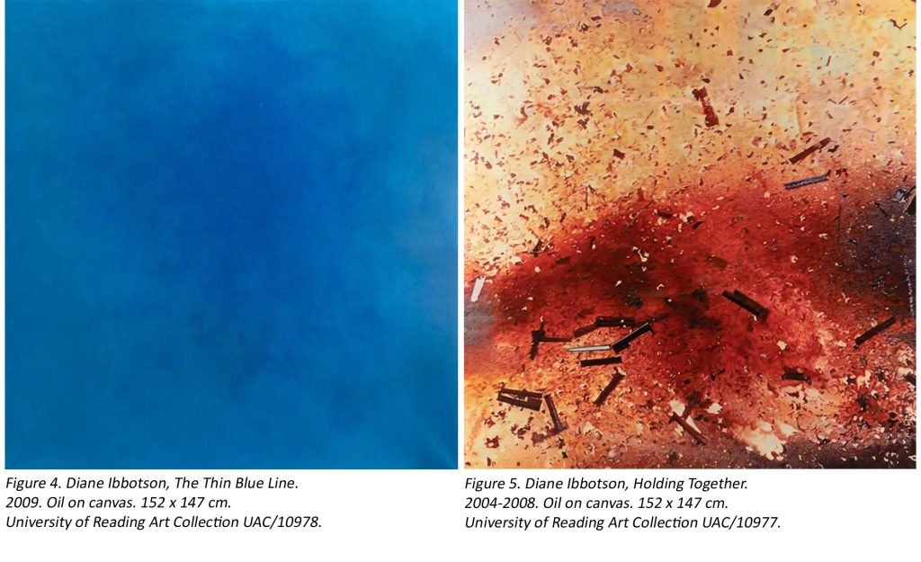 Two artworks. The one on the left is a hyper-realistic painting of the sky in several shades of blue. The one on the right is a hyper-realistic painting of an explosion with debris. Beneath the artworks is the following 'Figure 4. Diane Ibbotson, The Thin Blue Line, 2009. Oil on canvas. 152 x 147 cm. University of Reading Art Collection UAC/10978.' and 'Figure 5. Diane Ibbotson, Holding Together, 2004-2008. Oil on canvas. 152 x 147 cm. University of Reading Art Collection UAC/10977.'
