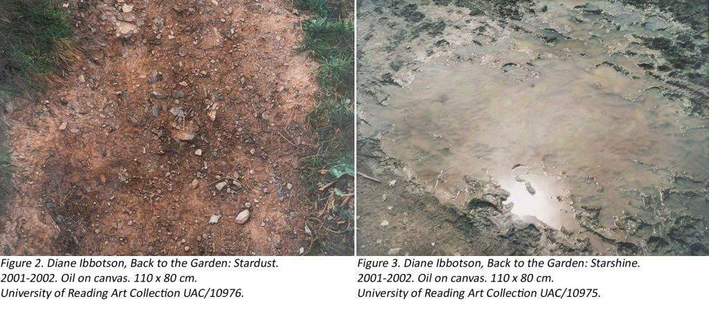 Two artworks. The one on the left is a hyper-realistic painting of a dirt and peddle path with grass at the edges. The one on the right is a hyper-realistic painting of a puddle of water surrounded by mud. Beneath the artworks is the following 'Figure 2. Diane Ibbotson, Back to the Garden: Stardust, 2001-2002. Oil on canvas. 110 x 80 cm. University of Reading Art Collection UAC/109786' and 'Figure 3. Diane Ibbotson, Back to the Garden: Starshine, 2001-2002. Oil on canvas. 110 x 80 cm. University of Reading Art Collection UAC/10975.'
