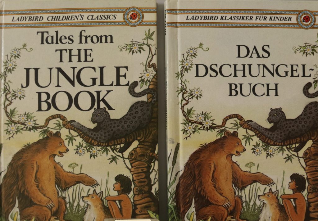 Closeup of two Ladybird books, one in English and one in German. The book on the left reads 'Ladybird Children's Classics Tales from The Jungle Book' and the one on the right reads 'Ladybird Klassiker Für Kinder Das Dschungel-Buch'