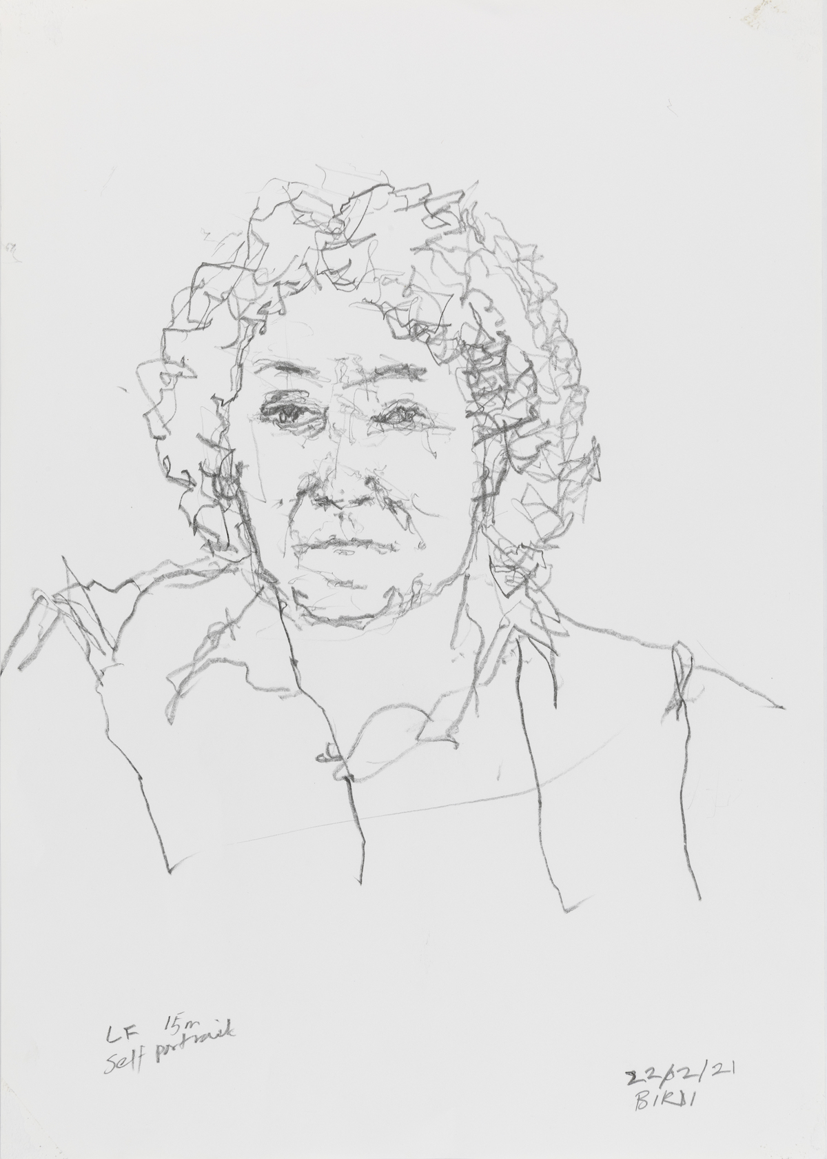 A self portrait by Saranjit BIrdi featuring his head, curly hair and shoulders. He appears to be wearing an open-collar shirt. At the bottom in pencil are the words 'LF [Left foot] 15m [15 minutes] Self Portrait 22/02/2021 Birdi'