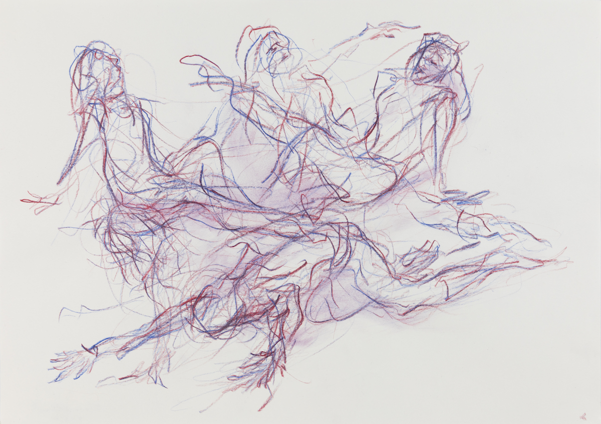 Four different poses on the ground in blue and purple pencil. The poses are all by an individual dancer over a period of time and have been drawn over the top of each other so that four figures appear together. The front figure is faced down with outstretched arms, the top right figure is seated with a raised left leg, the seated central figure has a raised left arm and the top left figure is seated with the right leg stretched along the ground.