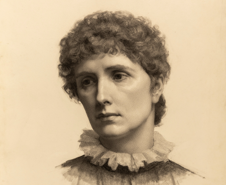Bust-length portrait of a woman, head turned to the right