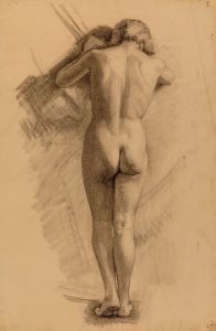 Full-length female nude, seen from behind. The model's arms are raised to head height, with forearms pressed against the wall.