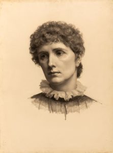 Bust-length portrait of a woman, head turned to the right