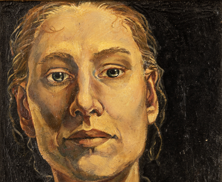 Self portrait of Frances Turner featuring the head of a blonde Turner looking straight at the viewer on a black background.