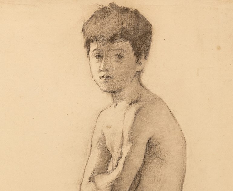 Cropped nude study of a young boy seated, with boy looking directly at the viewer with crossed arms