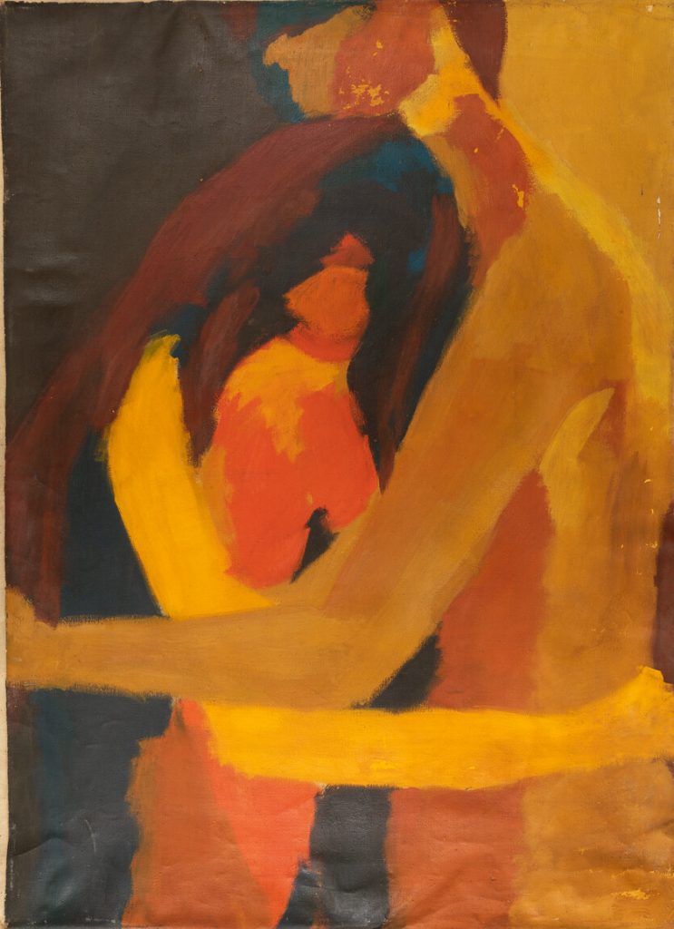 Composition in brown, orange and yellow showing two figures embracing.