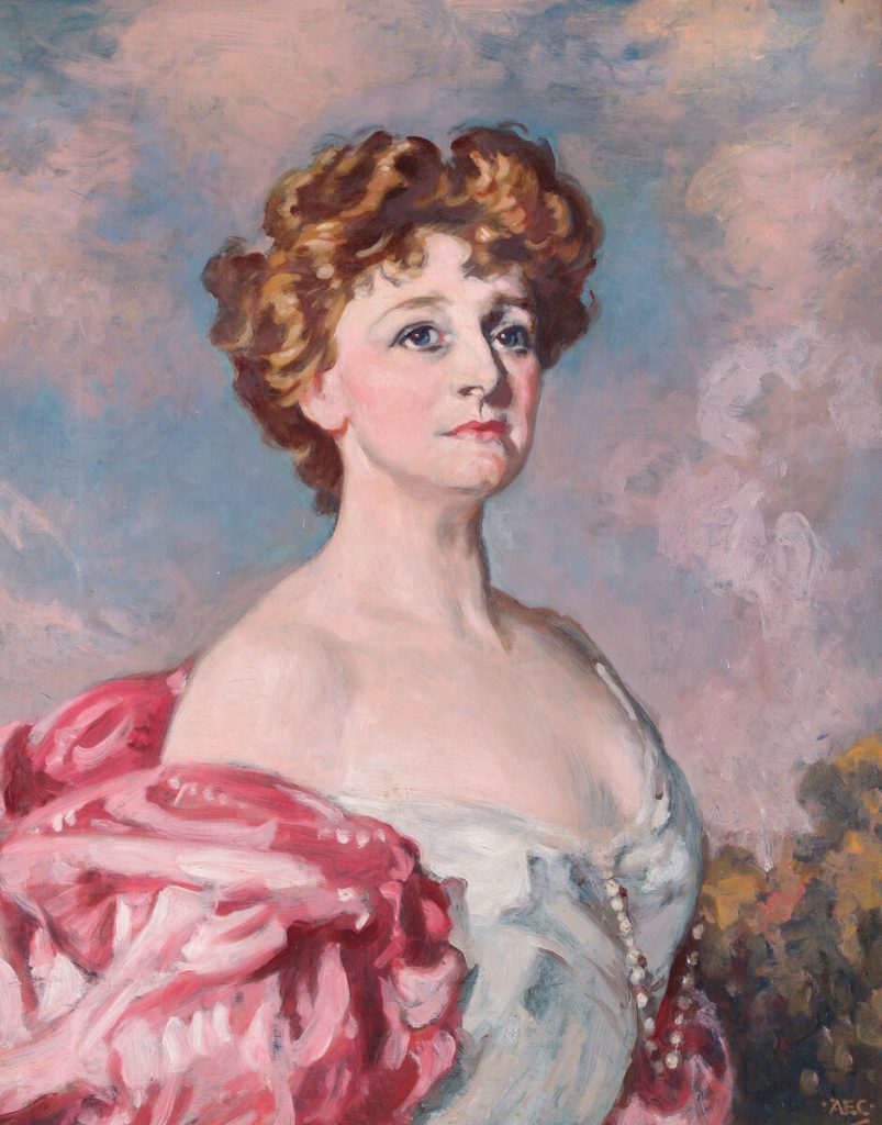 Third-length portrait of woman in white and pink dress with pearls, against sky and foliage background. Signed AEC at bottom right.