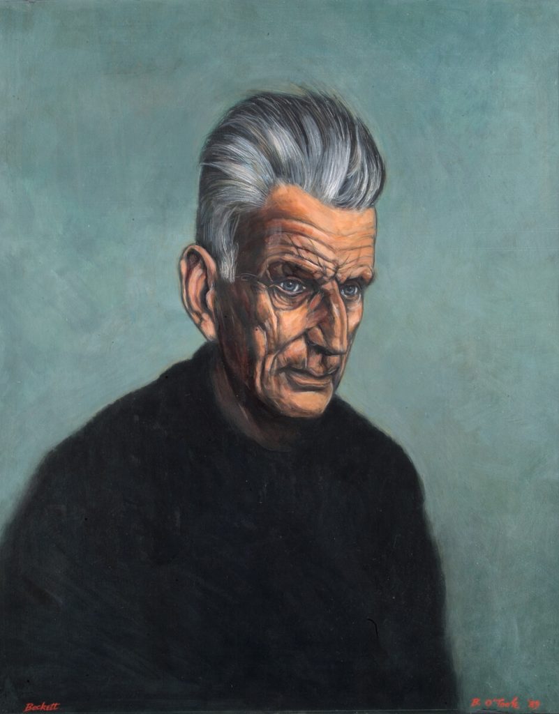 Head and shoulders portrait of grey-haired Samuel Beckett against plain blue-grey background. At bottom left in red: Beckett. At bottom right: B O'Toole '89.