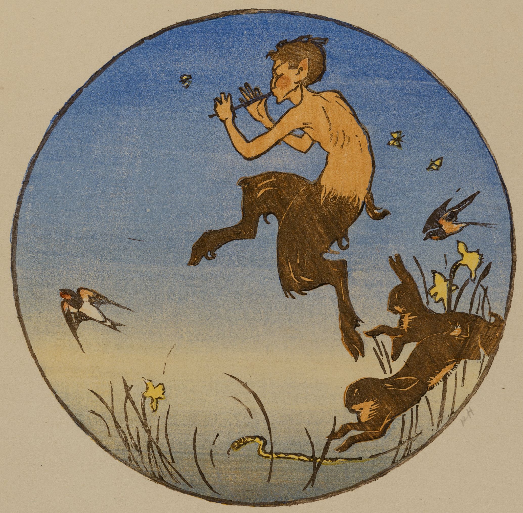 A fawn, with brown goat legs and human upper body, playing a pipe. He is surrounded by rabbits, birds and a snake