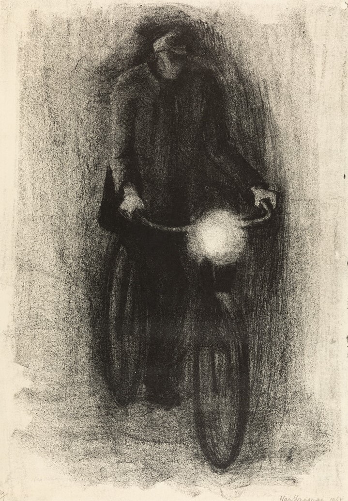 Print of a shadowed figure on a bicycle with the lamp in the centre of the handlebars turned on. The figure is wearing a long coat and a cap.