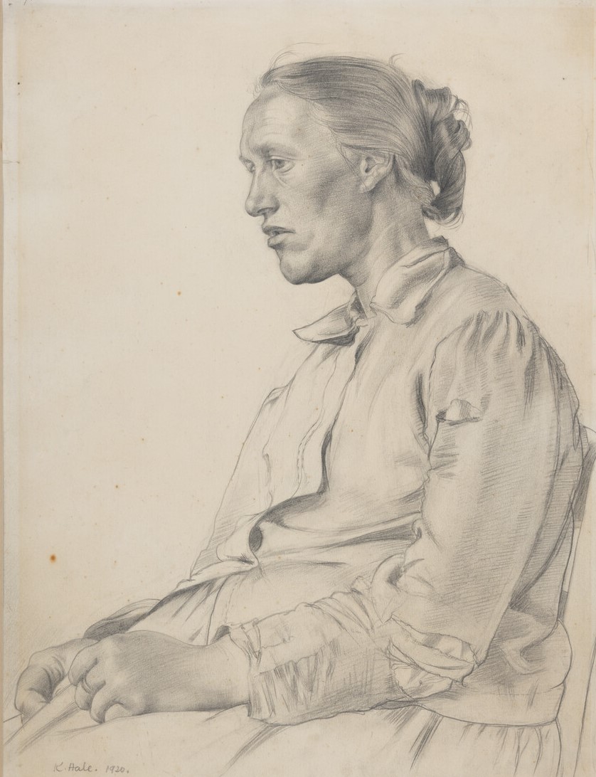 Portrait of a woman in profile, facing directly to the left with her head tilted slightly downwards and with her mouth parted. The top half of her body is visible and is entirely shaded and defined. She is wearing a shirt and skirt, with her hair tied up. Signed K.Hale 1920 in bottom left hand corner.