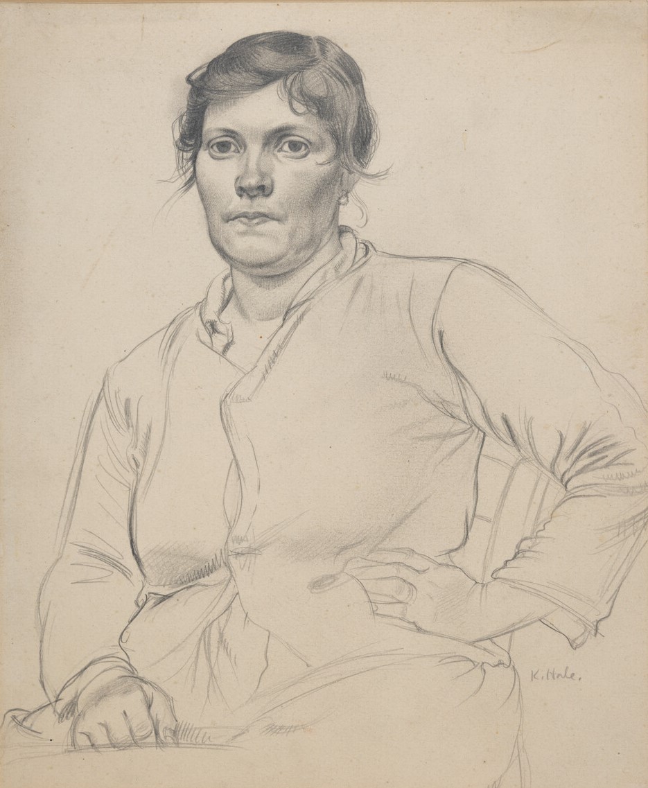 Half portrait of a woman facing forwards, towards the viewer, with her hand on her hip. Her hair is tied up and her clothing appears to be tight with the buttons on her jacket strained. Her face and hair is shaded and defined, with the remainder of her upper body more sketched in style. The artwork is signed "K.Hale" on the right hand side, underneath her arm.