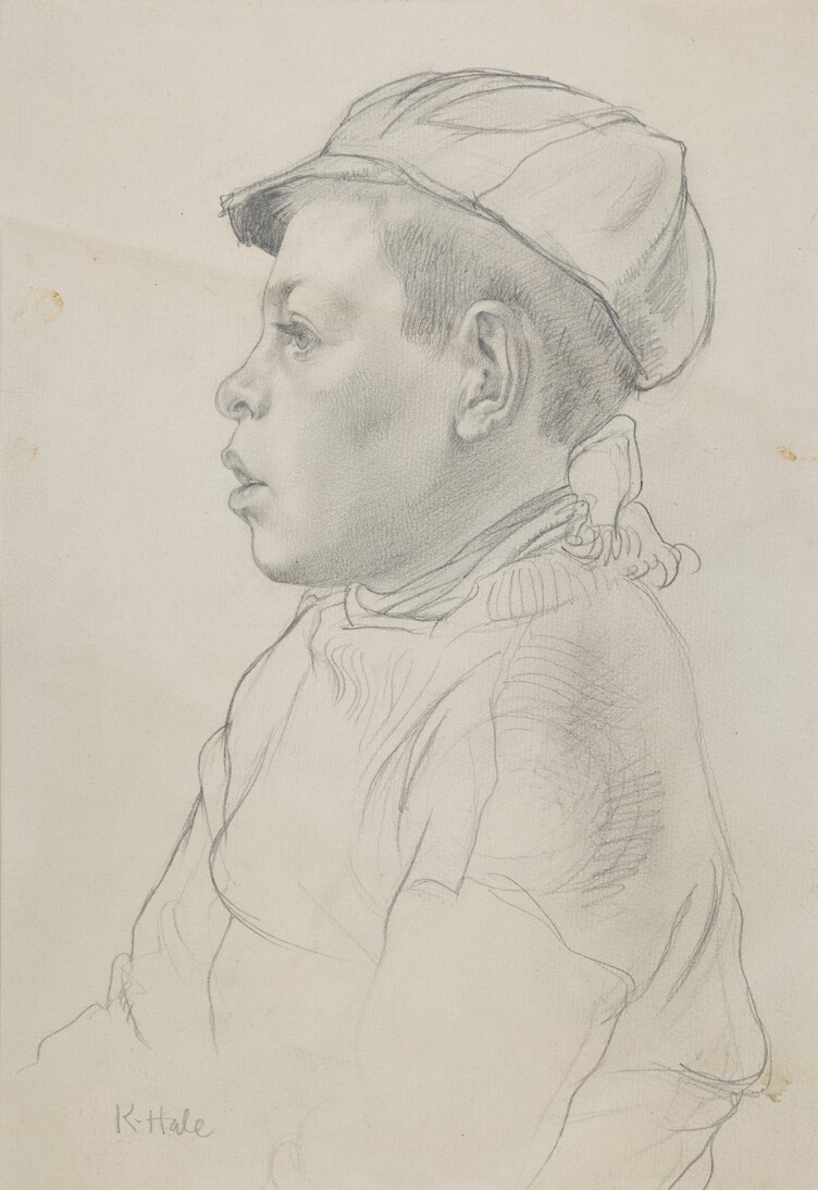 Portrait of a boy in profile wearing cap and loose clothing. His face and head are shaded with the rest of his upper body only sketched. His mouth is slightly open. The drawing is signed "K.Hale" in the bottom left hand corner.