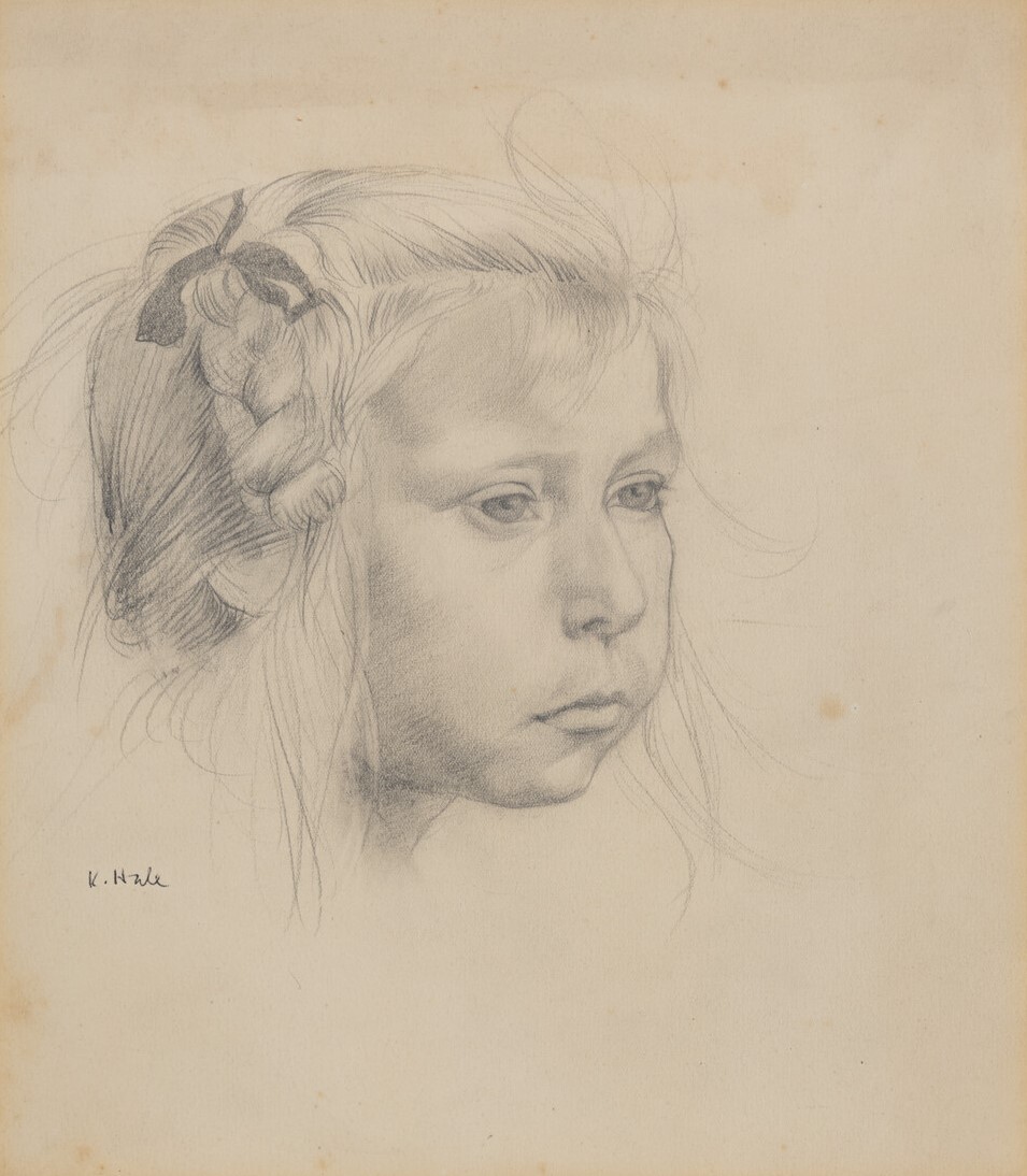Portrait of the head of a young girl in three-quarter view. Her mouth is closed and her hair is in braid and tied up with ribbon. The artwork is signed "K.Hale" in bottom left hand corner of the drawing.