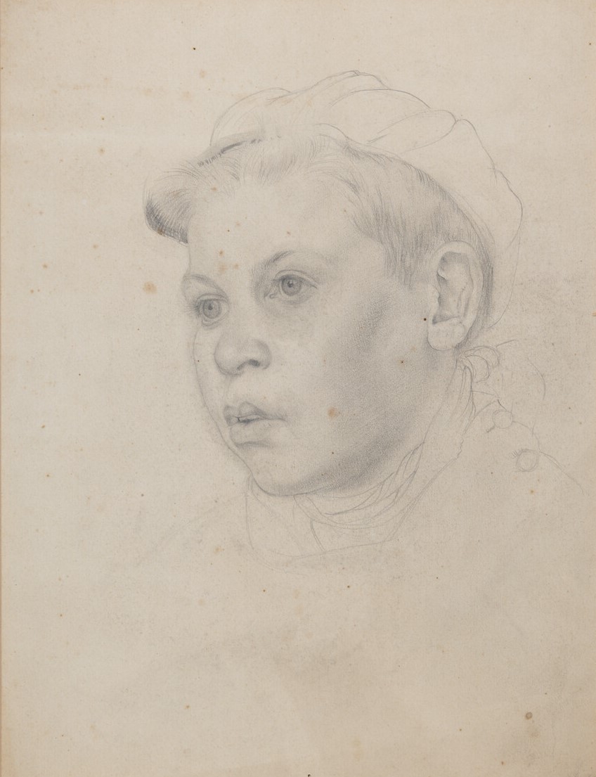 Portrait of a boy in three-quarter profile. The boy is wearing a cap and his clothing is only lightly sketched, with the face shaded in more detail. He has buttons on his shoulder and a scarf around his neck. The bottom left hand corner is dated "1920".