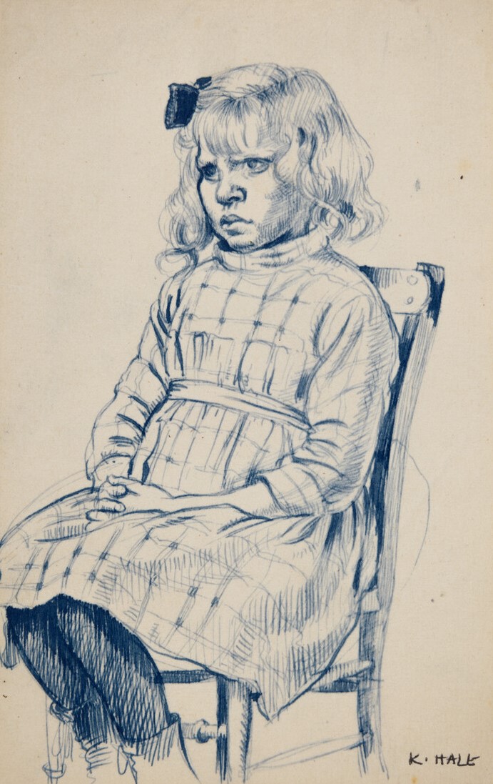 Full body portrait of a young girl on chair. She is wearing a dress with a checked pattern, boots, and has a bow in her hair. At the bottom right corner the artwork is signed "K. Hale".