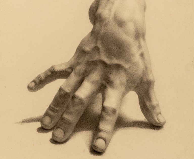 Right hand with fingers extended and finger tips placed on a surface, the little finger raised. The drawing finishes at the wrist.