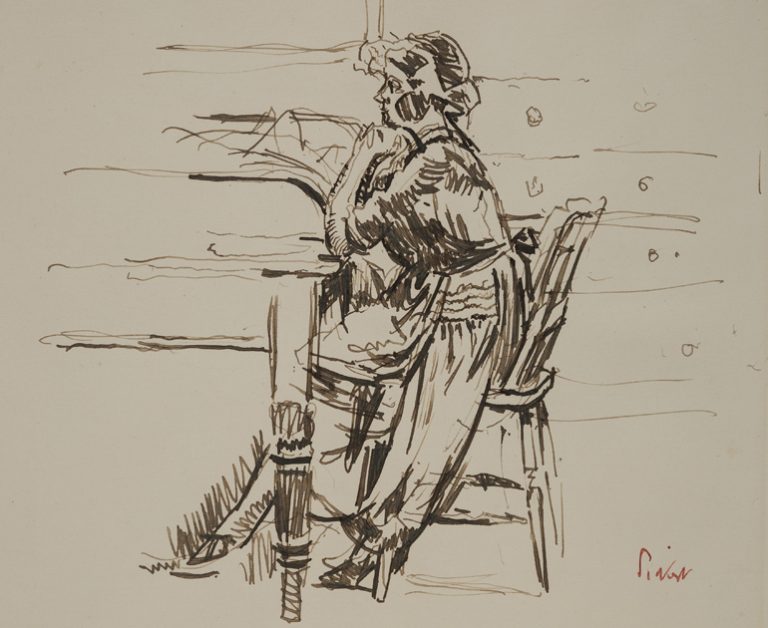 Drawing of a girl seated at a desk with her hands clasped under her chin