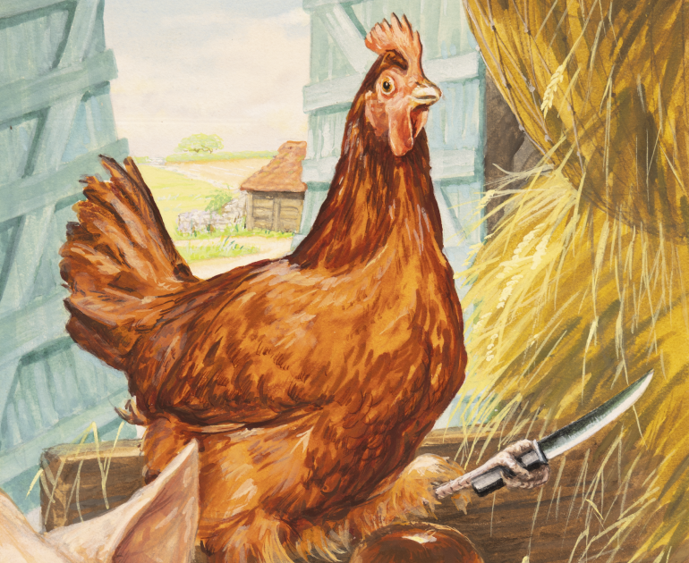 Closeup of a painting with a red hen holding a silver knife in her claw.