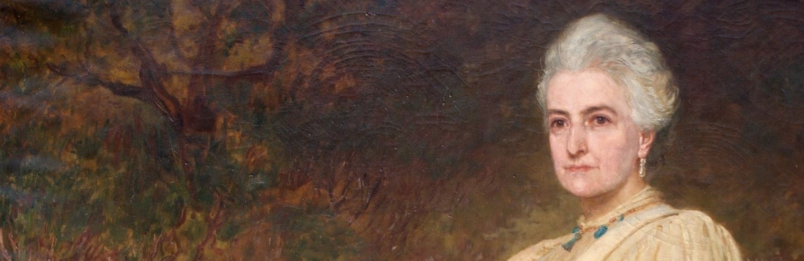 Closeup of the portrait head of Lady Wantage, in a yellow dress.