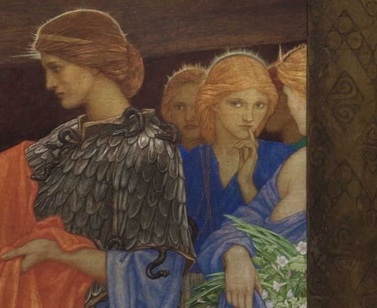 Closeup of Athena, in a blue dress with armoured top, holding a orange cloth. There are several female figures to the right.