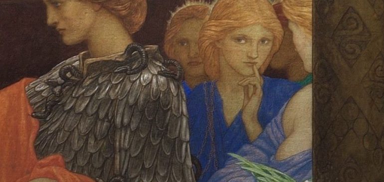 Closeup of Athena, in a blue dress with armoured top, holding a orange cloth. There are several female figures to the right.
