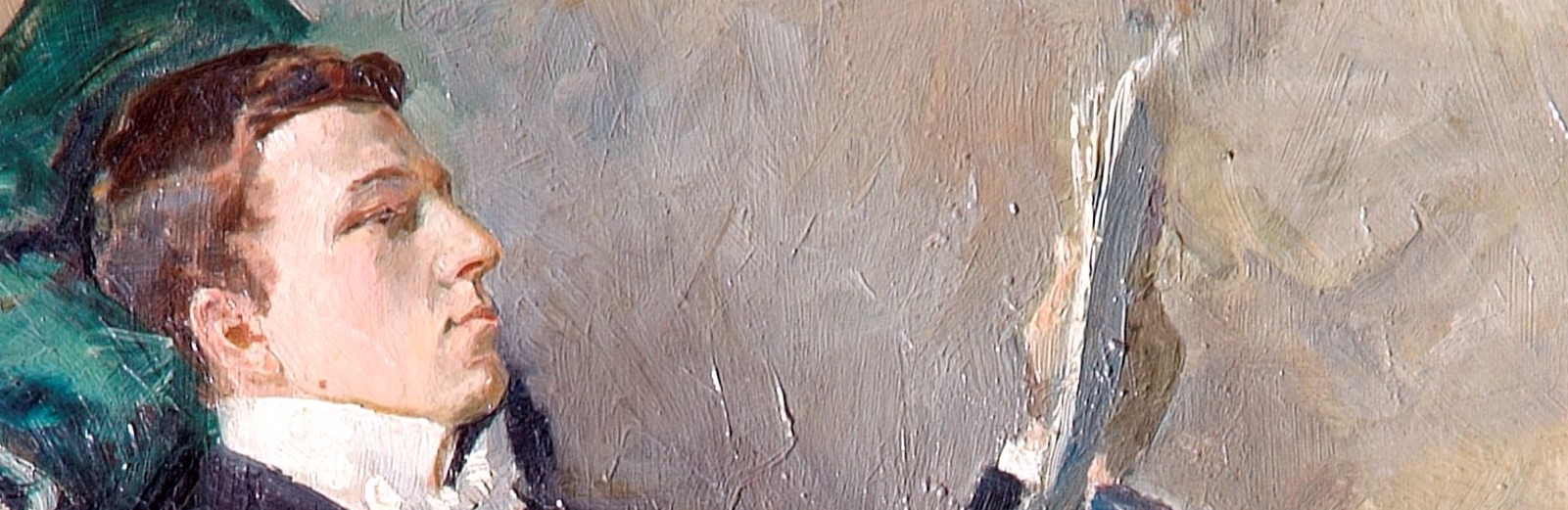 Closeup of an artwork featuring a seated male figure reading a newspaper