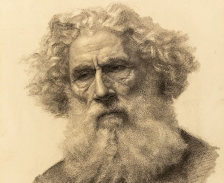 A head and shoulders study of an elderly man with curly hair, full beard and a moustache, wearing a dark garment.