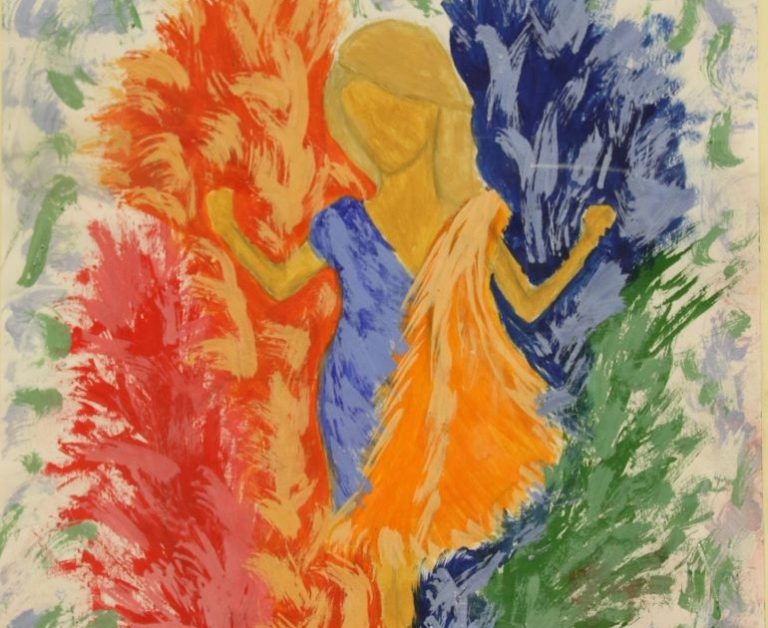 Painting of a woman standing in a brown box. She is surrounded by painted flames in blue, red, orange and green. The background is pale blue and green.