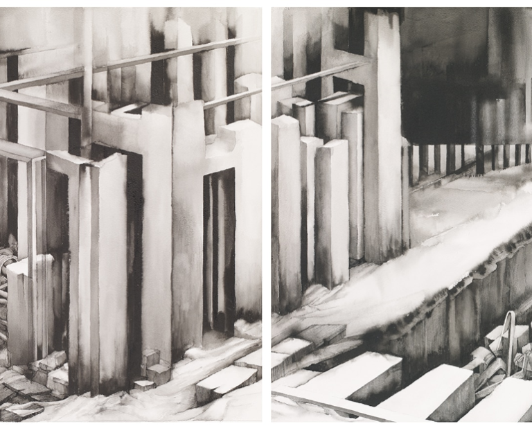 Drawing of building with beams that extend out of the front on the left and building parts in a pile within a hole on the right. There are three beams at the bottom centre which appear to be a bridge.