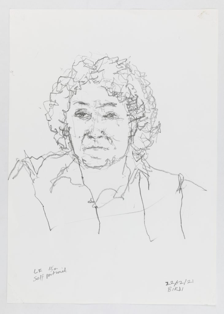 Self portrait of Saranjit Birdi showing his head and shoulders. The drawing was created in 15 minutes using his left foot.