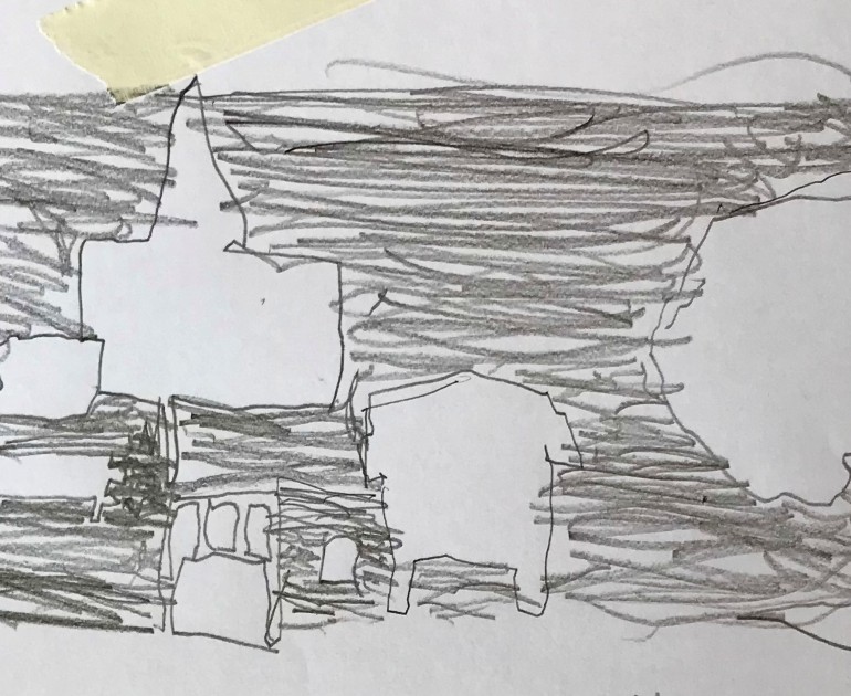 Outlines of several structures and a tree surrounded by graphite lines.