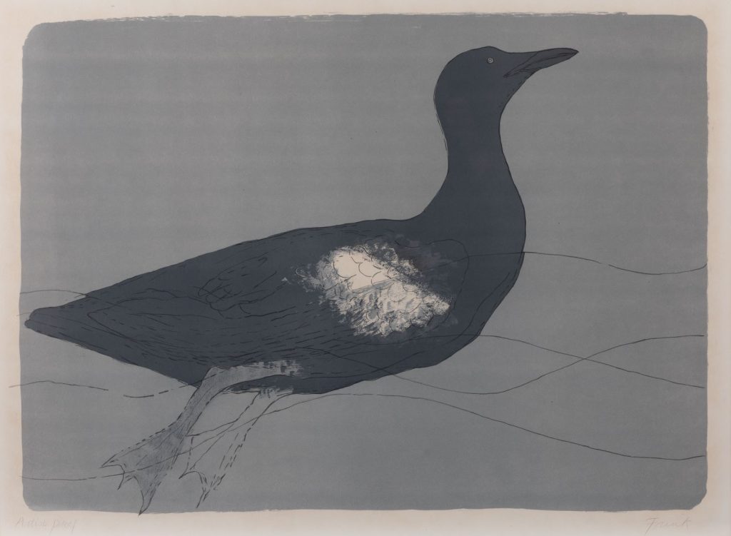 Grey bird on a river. The river is depicted by four stylised lines and the bird is in profile facing right.