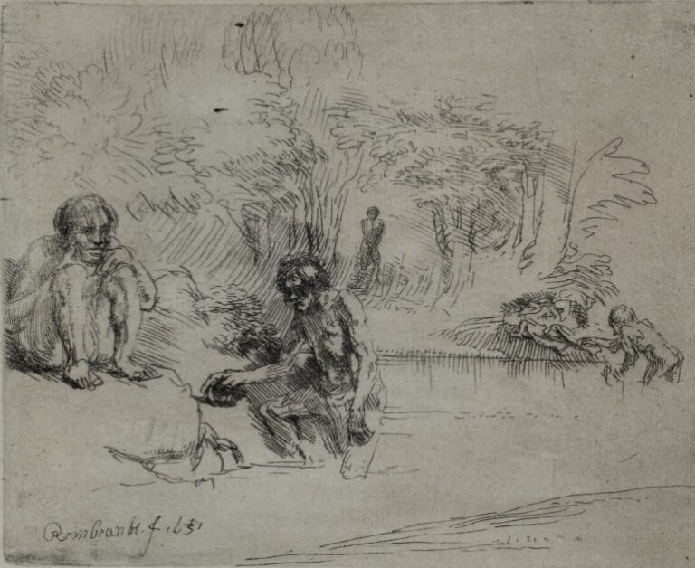 Four nude figures beside a stream. One sitting on the left bank with his knees pulled up, another to his right ascending the bank, a third in the distance on the right, supporting himself on the bank, a fourth standing in the shrubbery in the distance. Letters are lightly scratched in the river and bank.