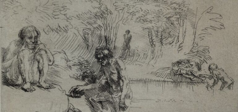 Four nude figures beside a stream. One sitting on the left bank with his knees pulled up, another to his right ascending the bank, a third in the distance on the right, supporting himself on the bank, a fourth standing in the shrubbery in the distance. Letters are lightly scratched in the river and bank.