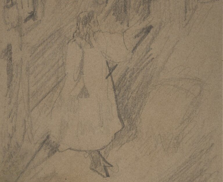 Standing figure, wearing a long-sleeved dress with raised left hand