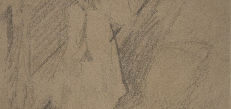 Standing figure, wearing a long-sleeved dress with raised left hand