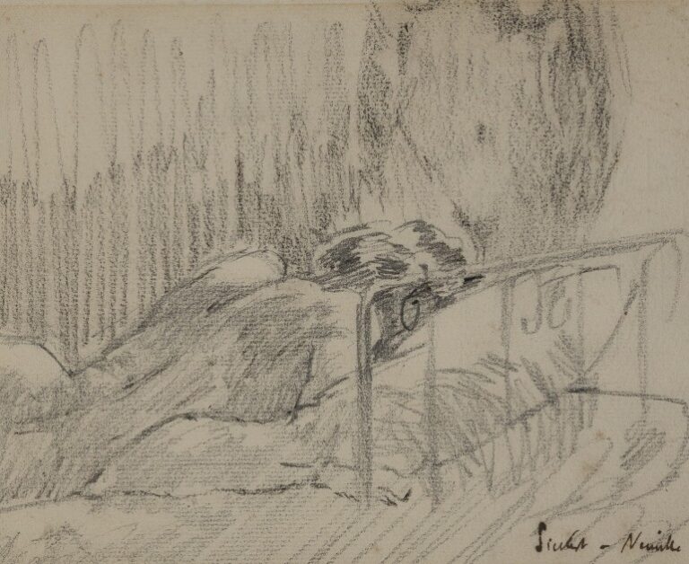 Reclining female nude with back to the viewer on a 'metal' bed stead. A second nude figure, visible from bust to hips, is in the background