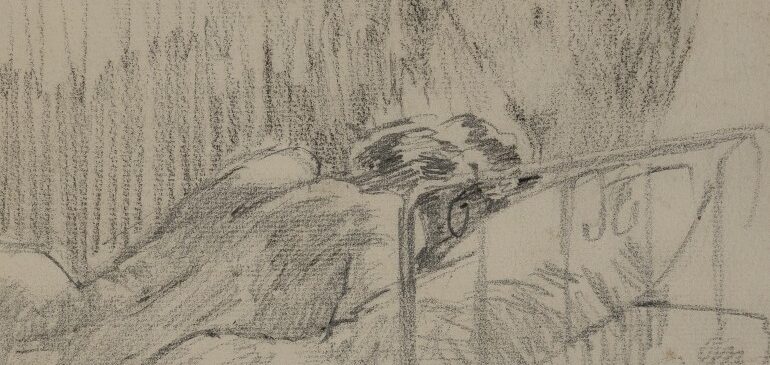 Reclining female nude with back to the viewer on a 'metal' bed stead. A second nude figure, visible from bust to hips, is in the background